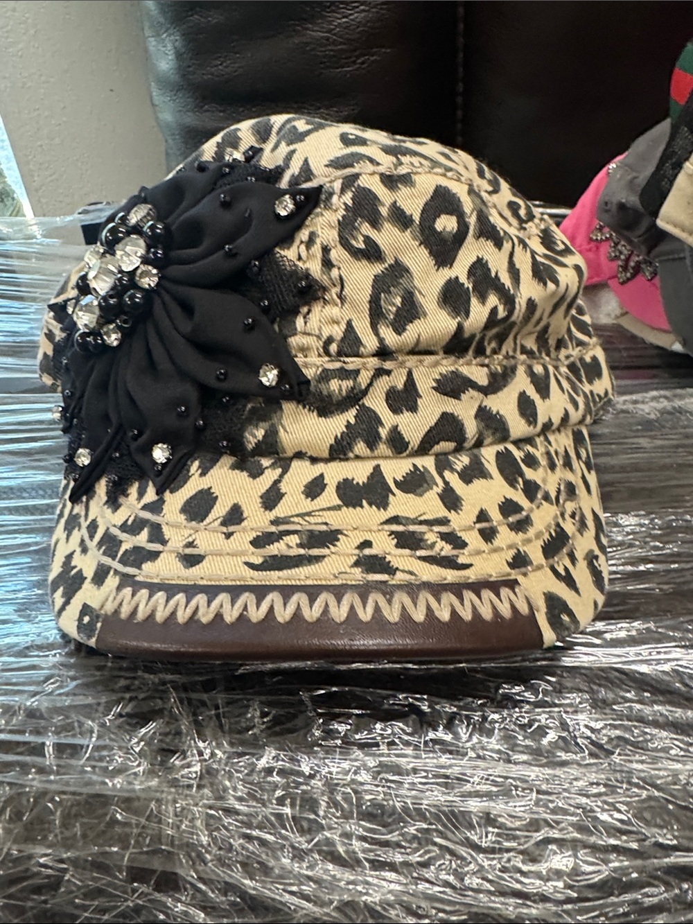 Leopard Print Women’s Fashion Cap with Black Floral Jewel Accent